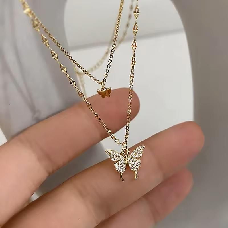 Double Layer Clavicle Chain Necklace Jewelry Zircon Butterfly Pendant Necklace (Gold)